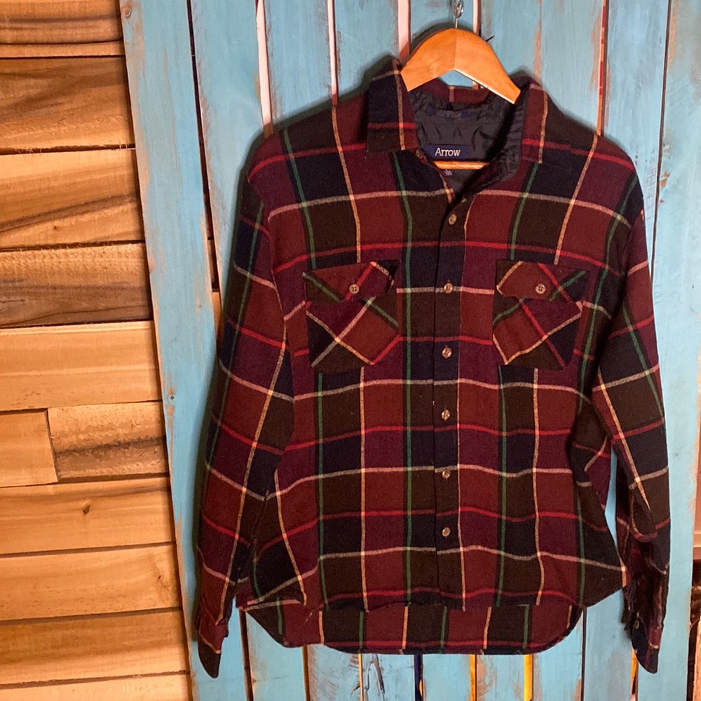Vintage 90s Arrow acrylic plaid flannel shirt size large brown red black green